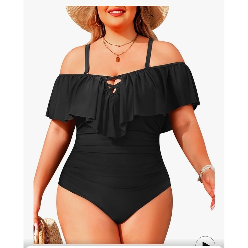 Holipick Black Ruffle Cold Shoulder One Piece Swimsuit Plus‎ Size 18W Ruched
